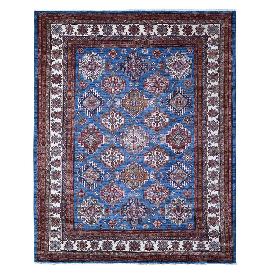 Blue Wool Hand Knotted 8'x10' Atlantic Super Kazak Tribal Medallions Rug: Blue Wool Hand Knotted 8'x10' Atlantic Super Kazak Tribal Medallions Rug Experience the rich cultural heritage of Afghanistan with this stunning Blue Wool Hand Knotted 8'x10' Atlantic Super Kazak