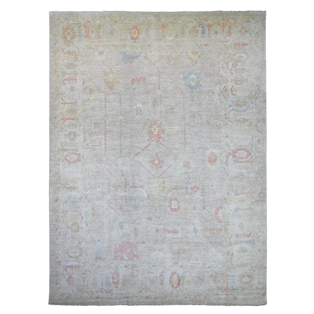 12'7"x17'4" Brown Angora Oushak Vines Design Hand Knotted Pure Wool XL Rug: 12'7"x17'4" Brown Angora Oushak Vines Design Hand Knotted Pure Wool XL Rug Experience the rich beauty of traditional Afghan craftsmanship with this stunning 12'7"x17'4" Brown Angora Oushak Vines Desig