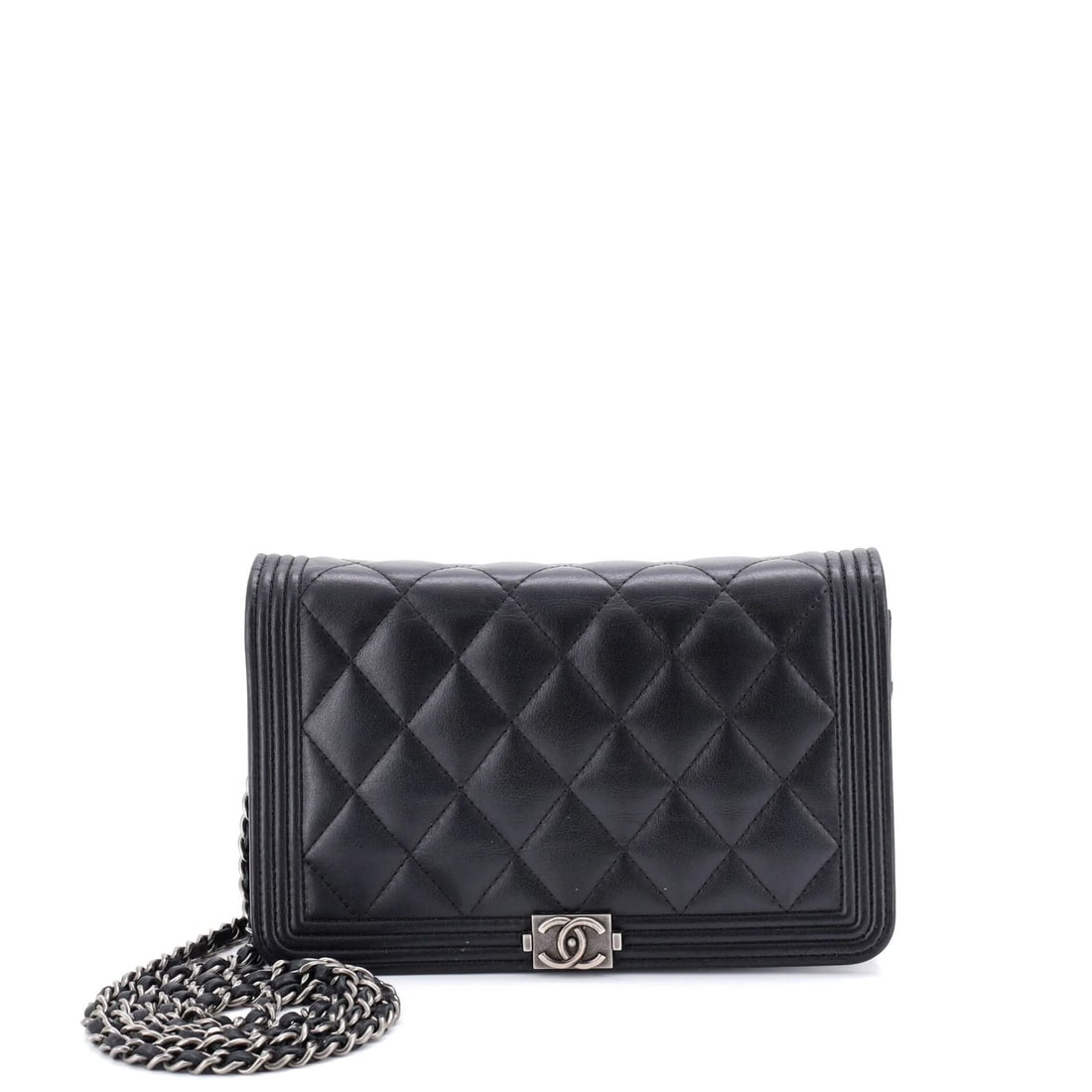 Chanel Quilted Lambskin Wallet on Chain: Chanel Quilted Lambskin Wallet on Chain A rare and coveted Chanel Quilted Lambskin Wallet on Chain, this black leather cross-body bag boasts the iconic quilted design and sleek chain strap that define