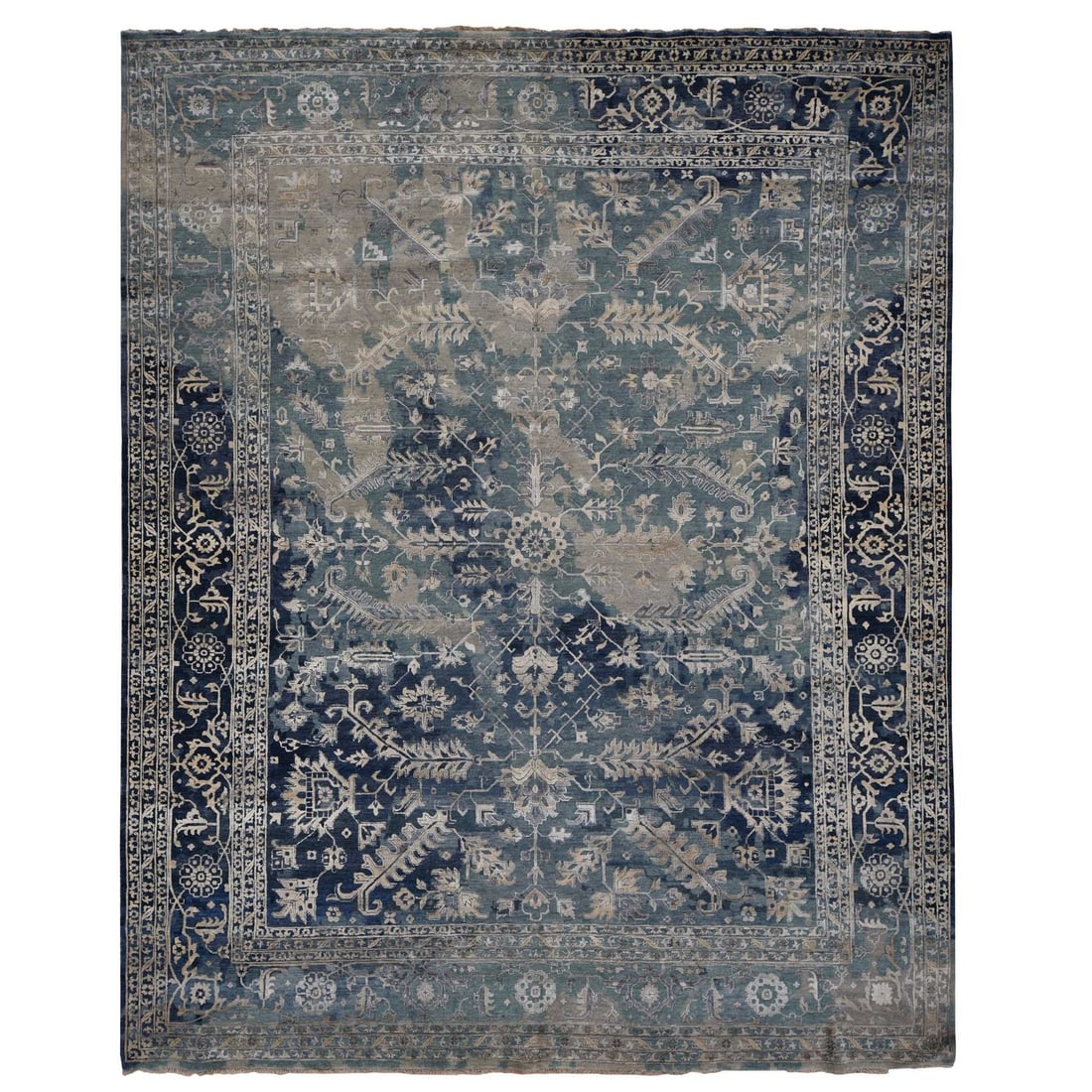 11'8"x14'8" Blue Zoroastrian Heris Wool/ Silk Hand Knotted Oversized Rug: 11'8"x14'8" Blue Zoroastrian Heris Wool/ Silk Hand Knotted Oversized Rug Experience the rich heritage of India with this stunning 11'8"x14'8" Blue Zoroastrian Heris Wool/Silk Hand Knotted Oversized Ru