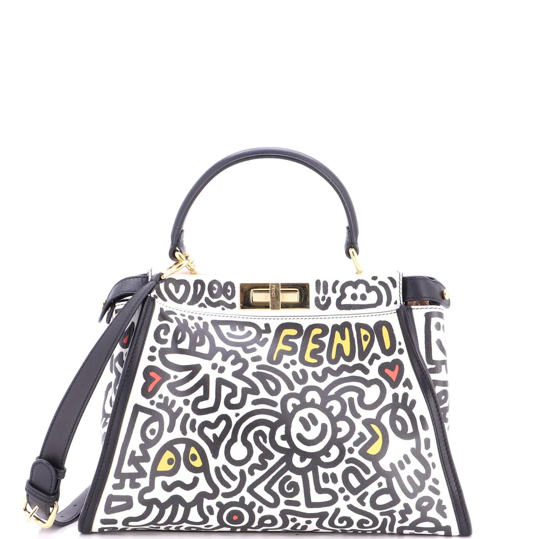 Fendi Mr Doodle Peekaboo Iconic Printed Leather Bag: Fendi Mr Doodle Peekaboo Iconic Printed Leather Bag Elevate your style with the iconic Fendi Mr Doodle Peekaboo bag, boasting a striking print and sleek design. This timeless leather tote boasts gold
