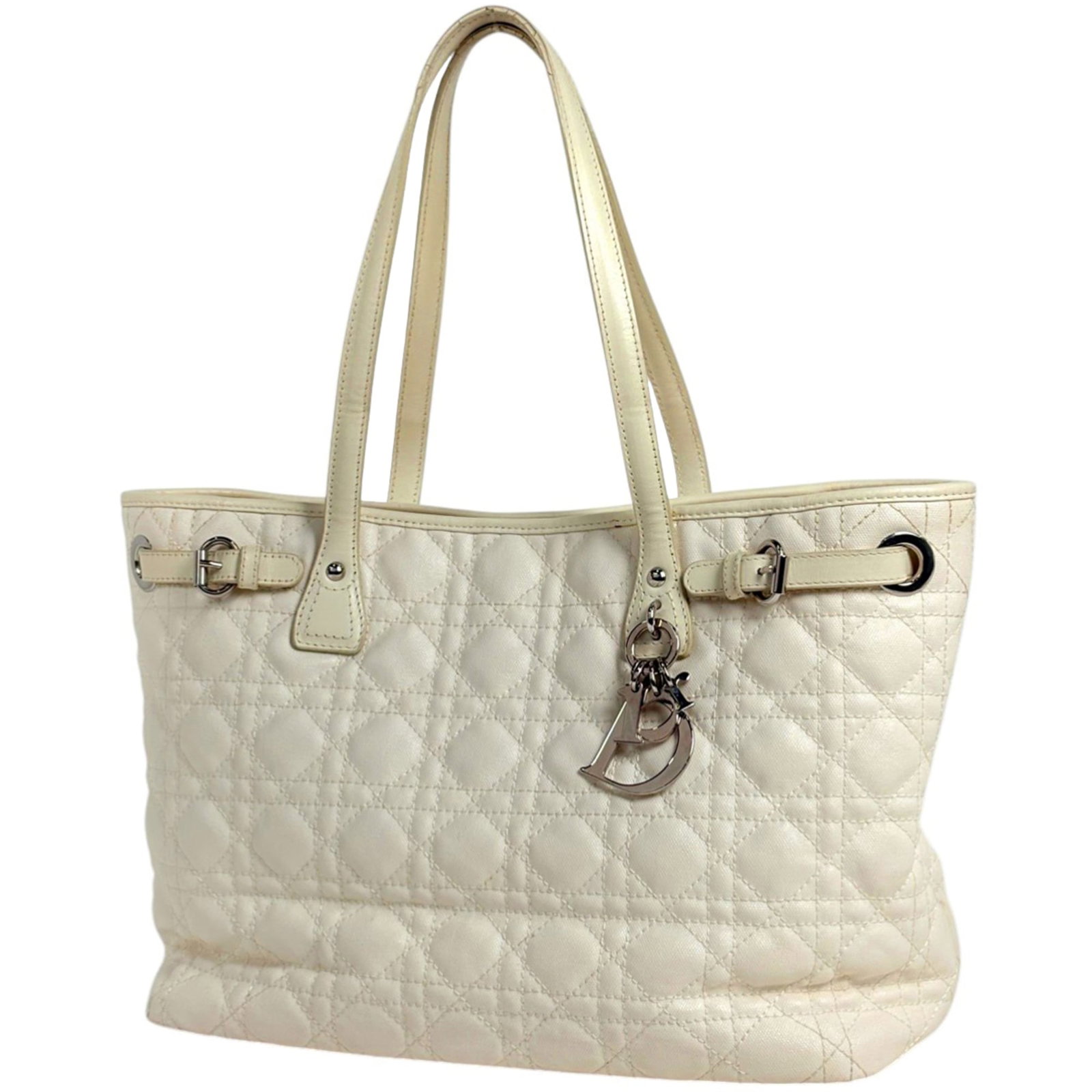 Christian Dior Shoulder Bag, Tote Bag Coated Canvas, Leather: Christian Dior Shoulder Bag, Tote Bag Coated Canvas, Leather A timeless piece from the iconic Christian Dior brand, this white coated canvas and leather shoulder bag boasts classic elegance with its c