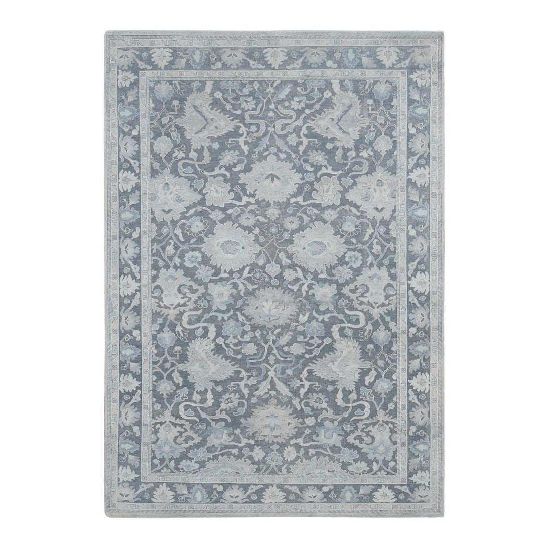6'1"x8'9" Gray Hand Knotted, Oushak Influence Silk and Textured Wool Rug: 6'1"x8'9" Gray Hand Knotted, Oushak Influence Silk and Textured Wool Rug Experience the rich textures and subtle nuances of India's finest craftsmanship with this stunning, hand-knotted