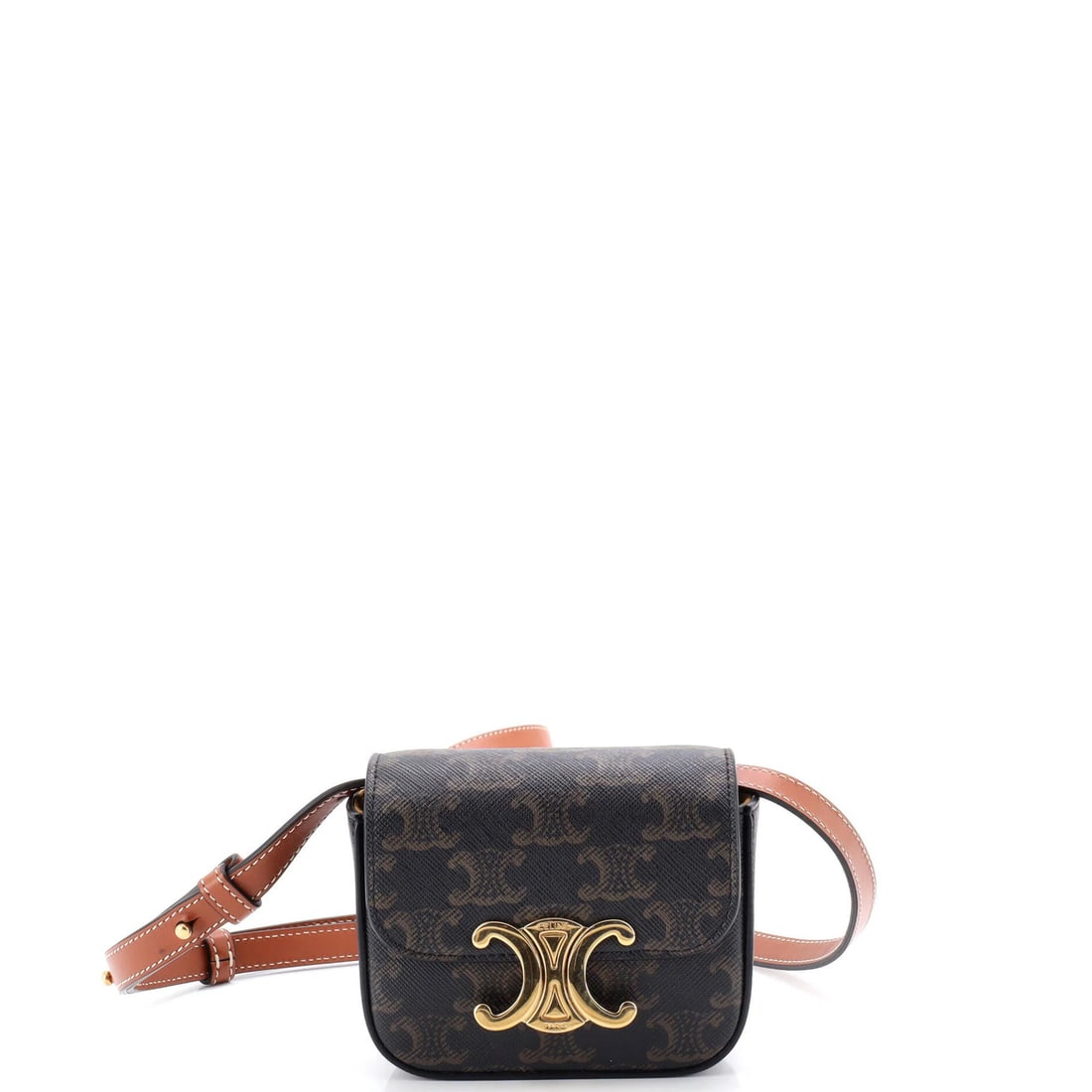Celine Triomphe Mini Coated Canvas Shoulder Bag: Celine Triomphe Mini Coated Canvas Shoulder Bag The Celine Triomphe Mini Coated Canvas Shoulder Bag is a stylish and functional accessory that exudes luxury with its rich brown exterior and gold