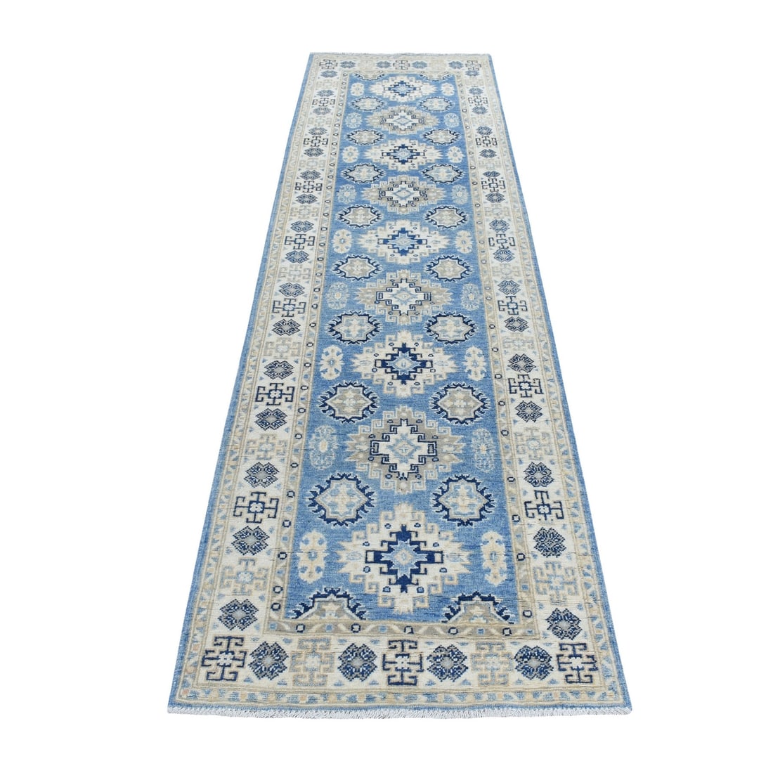 2'8"x9'6" All Over Design Hand Knotted Wool Vintage Look Kazak Runner Rug: 2'8"x9'6" All Over Design Hand Knotted Wool Vintage Look Kazak Runner Rug Add warmth and texture to your space with this stunning, all-over design hand knotted wool vintage look Kazak runner rug.