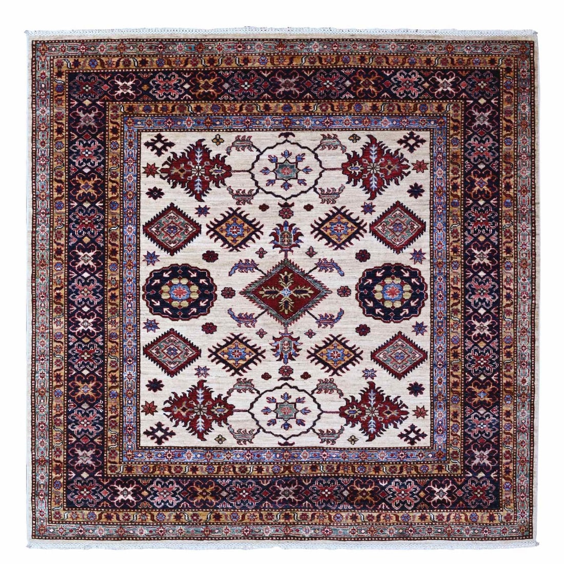 6'x6' White Pepper Hand Knotted Geometric Patterns Super Kazak Square Rug (1 of 6)