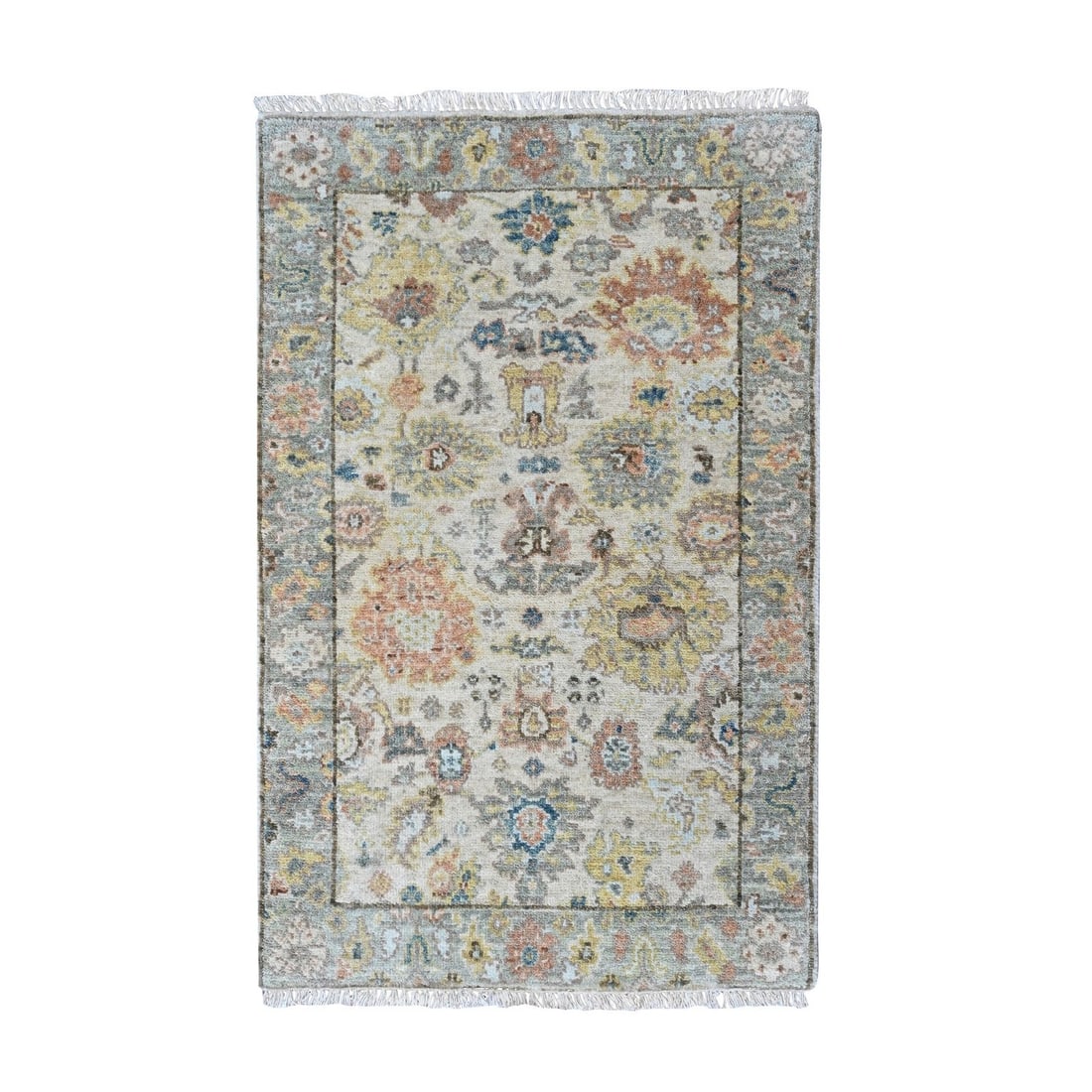 Oriental Hand Knotted Wool Beige Dense Weave 2'x3' Mat Rug: Oriental Hand Knotted Wool Beige Dense Weave 2'x3' Mat Rug Experience the timeless beauty of traditional Indian craftsmanship with this stunning Oushak-style hand-knotted wool rug, expertly woven in a