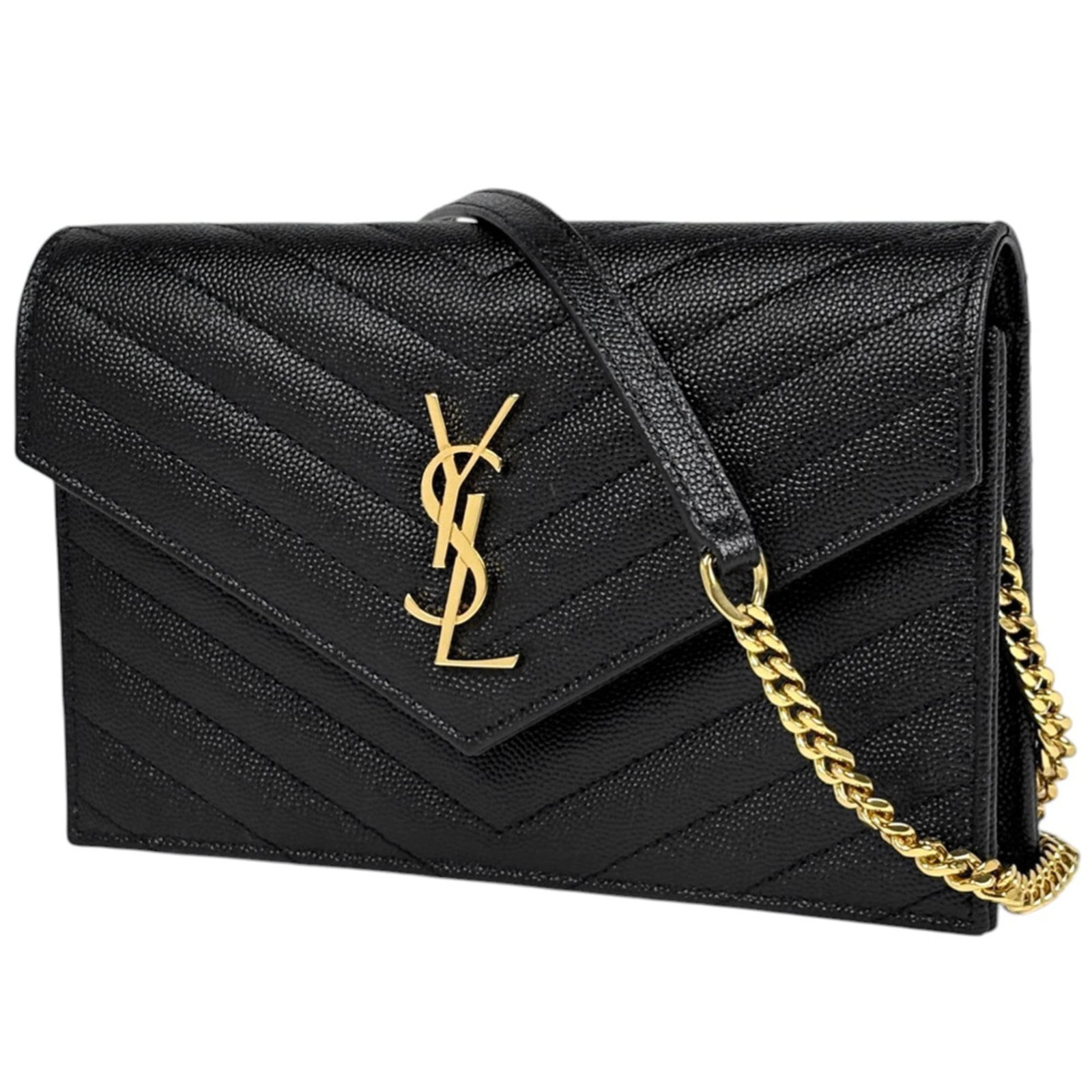 Saint Laurent Chain/ Shoulder Wallet Leather: Saint Laurent Chain/ Shoulder Wallet Leather A sleek and sophisticated shoulder wallet from Saint Laurent, this chain strap bag is perfect for adding a touch of luxury to any outfit. Made from