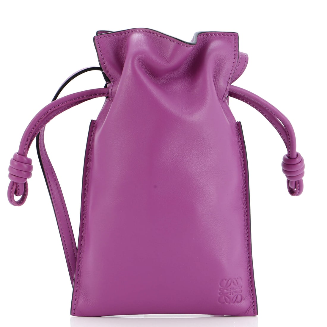 Mini Leather Knot Bag by Loewe: Mini Leather Knot Bag by Loewe A chic and compact addition to any handbag collection, the Mini Leather Knot Bag by Loewe boasts a rich purple exterior with a timeless Flamenco knot design. With its
