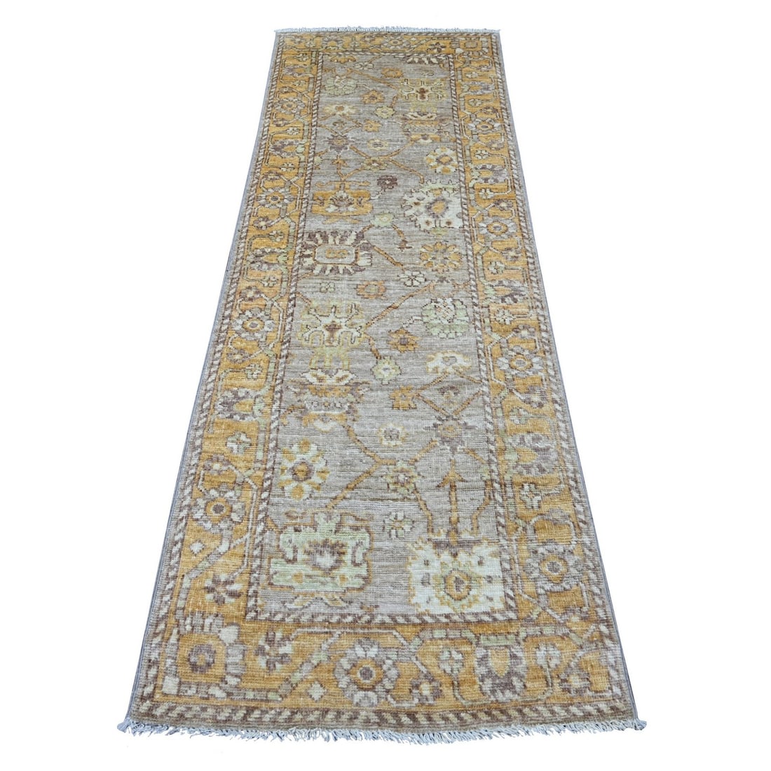 Brown Hand Knotted Wool Oushak Runner Rug 2'8"x7'10: Brown Hand Knotted Wool Oushak Runner Rug 2'8"x7'10 Experience the rich beauty of traditional Afghan craftsmanship with this stunning Brown Hand Knotted Wool Oushak Runner Rug, expertly woven in the