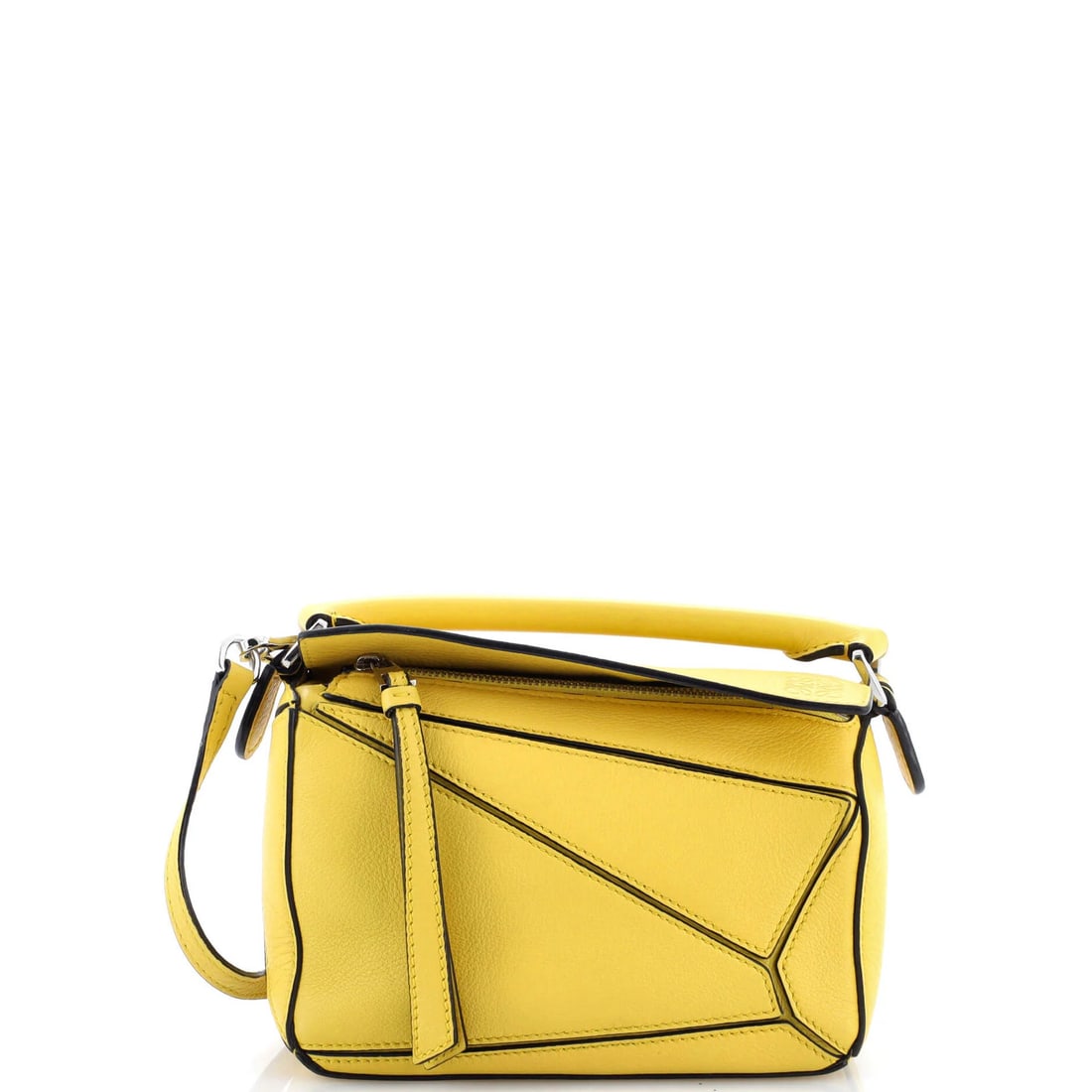 Leather Mini Loewe Puzzle Bag: Leather Mini Loewe Puzzle Bag A vibrant yellow mini Loewe Puzzle Bag, perfect for adding a pop of color to your daily routine, boasts sleek leather exterior and neutral interior with subtle silver