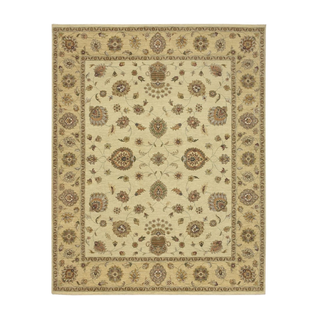 Pure wool rug by Agra Ziegler design in leaf pattern on ivory hand knotted rug.: Pure wool rug by Agra Ziegler design in leaf pattern on ivory hand knotted rug. Experience the timeless elegance of India's rich cultural heritage with this exquisite ivory wool rug, hand-knotted in a