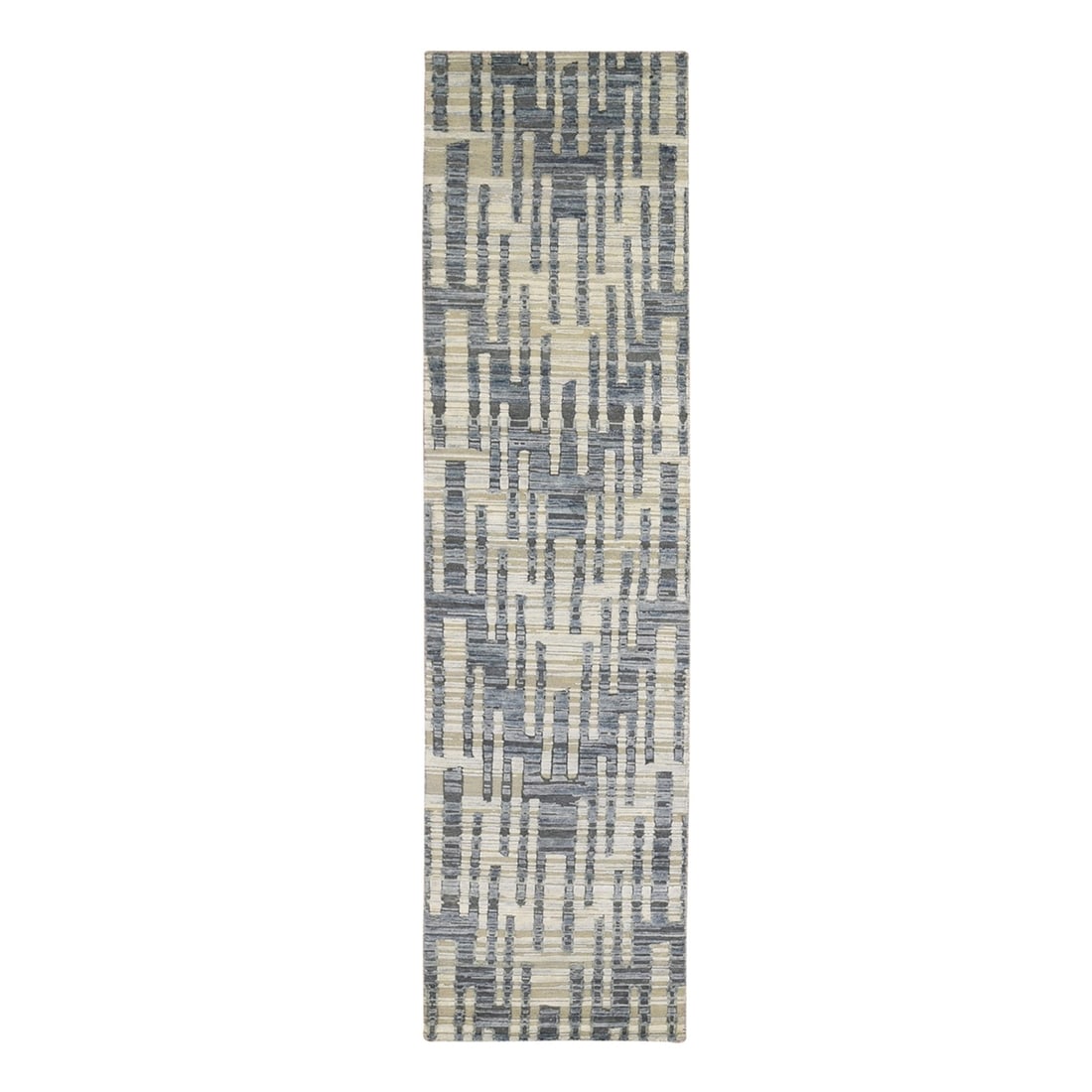 Blue Pure Silk and Textured Wool Wide Runner Hand Knotted Rug 2'6"x10'3 (1 of 6)