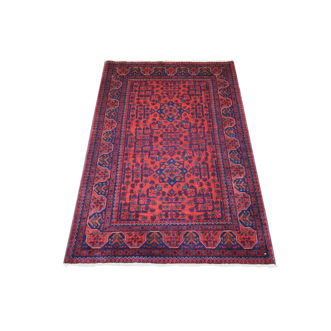 3'4"x4'10" Deep Red Afghan Khamyab Soft Wool Hand Knotted Rug: 3'4"x4'10" Deep Red Afghan Khamyab Soft Wool Hand Knotted Rug Experience the rich beauty of Afghan craftsmanship with this stunning, hand-knotted deep red wool rug, measuring 3'4"x4'10". Its