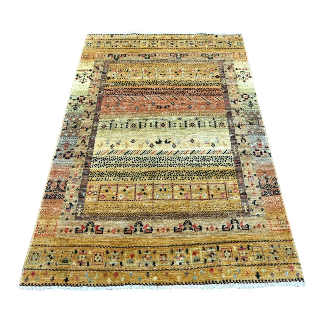 4'1"x6' Golden Yellow Fine Kashkuli Animal Figurines Hand Knotted Wool Rug (1 of 6)
