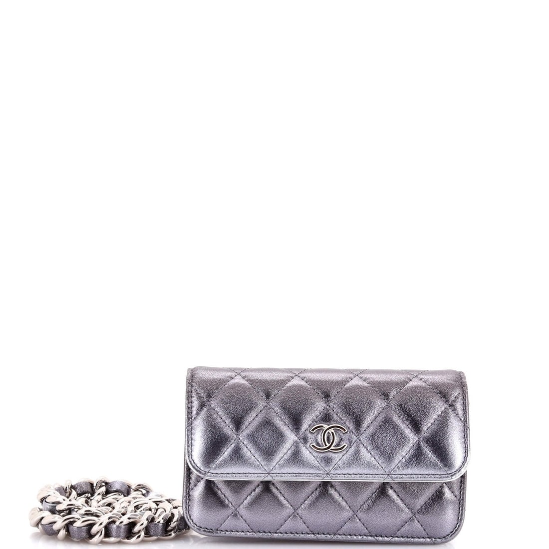 Chanel Quilted Lambskin Metallic Coco Punk Chain Clutch: Chanel Quilted Lambskin Metallic Coco Punk Chain Clutch Elevate your evening look with the iconic Coco Punk Chain Clutch from Chanel, boasting a striking metallic silver quilted lambskin exterior