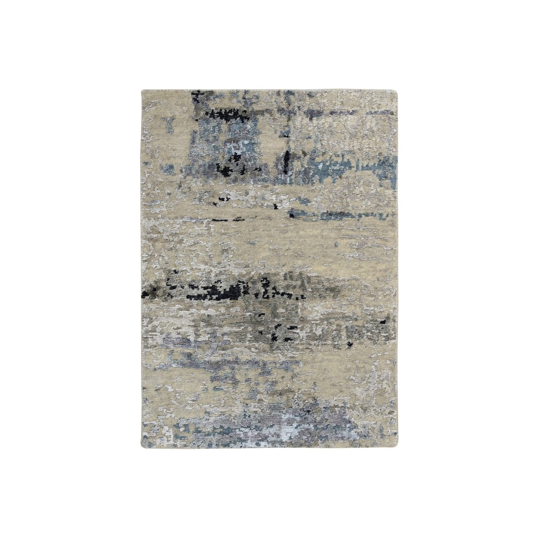 2'x3' Gray Modern Abstract Design Wool and Silk Hand Knotted Mat Rug: 2'x3' Gray Modern Abstract Design Wool and Silk Hand Knotted Mat Rug Experience the timeless elegance of Indian craftsmanship with this stunning 2'x3' gray modern abstract design wool and silk hand kn