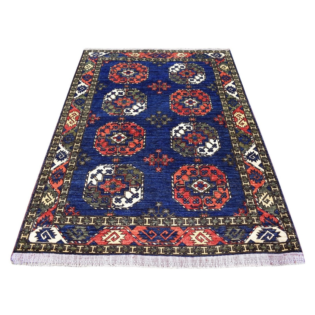 5'x6'10" Afghan Ersari Elephant Feet Design Organic Blue Hand Knotted Rug (1 of 6)