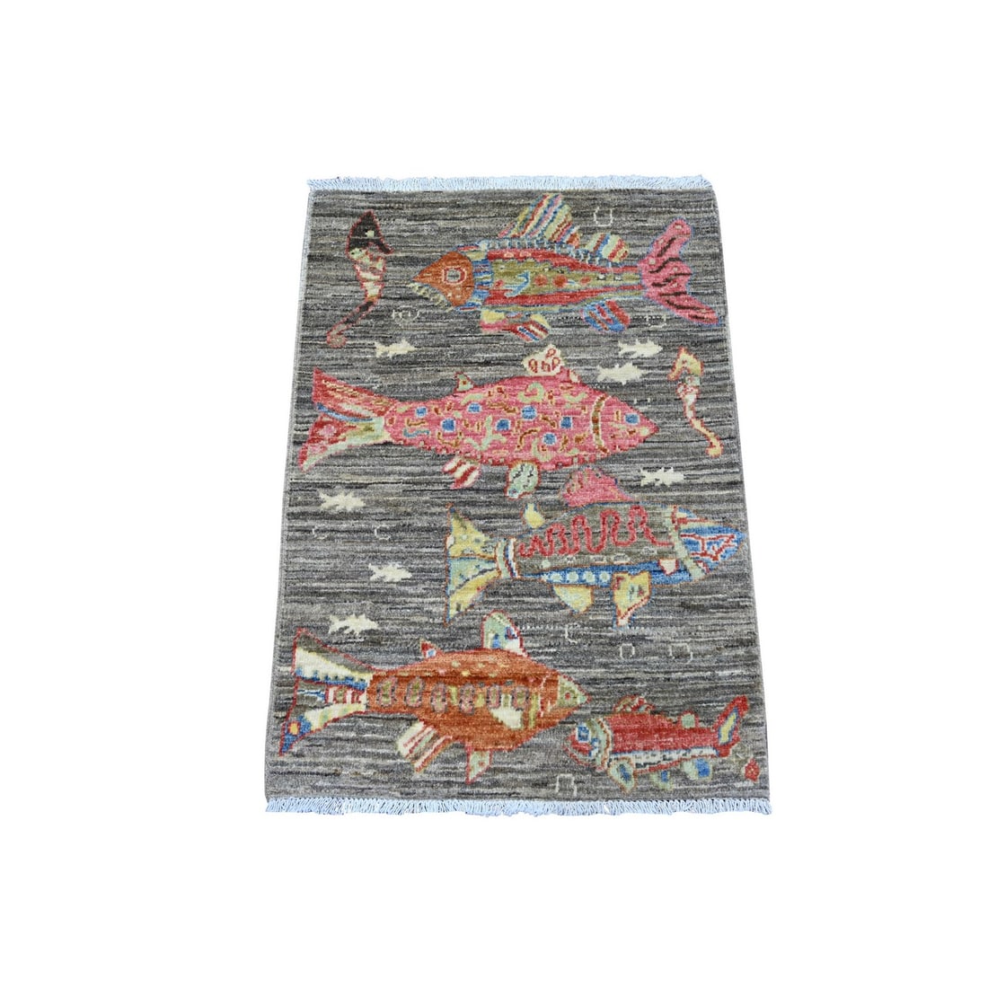 Brown Oceanic Fish Design Peshawar Soft Wool Hand Knotted Mat Rug: Brown Oceanic Fish Design Peshawar Soft Wool Hand Knotted Mat Rug Experience the rich cultural heritage of Afghanistan with this stunning Brown Oceanic Fish Design Peshawar Soft Wool Hand Knotted Mat