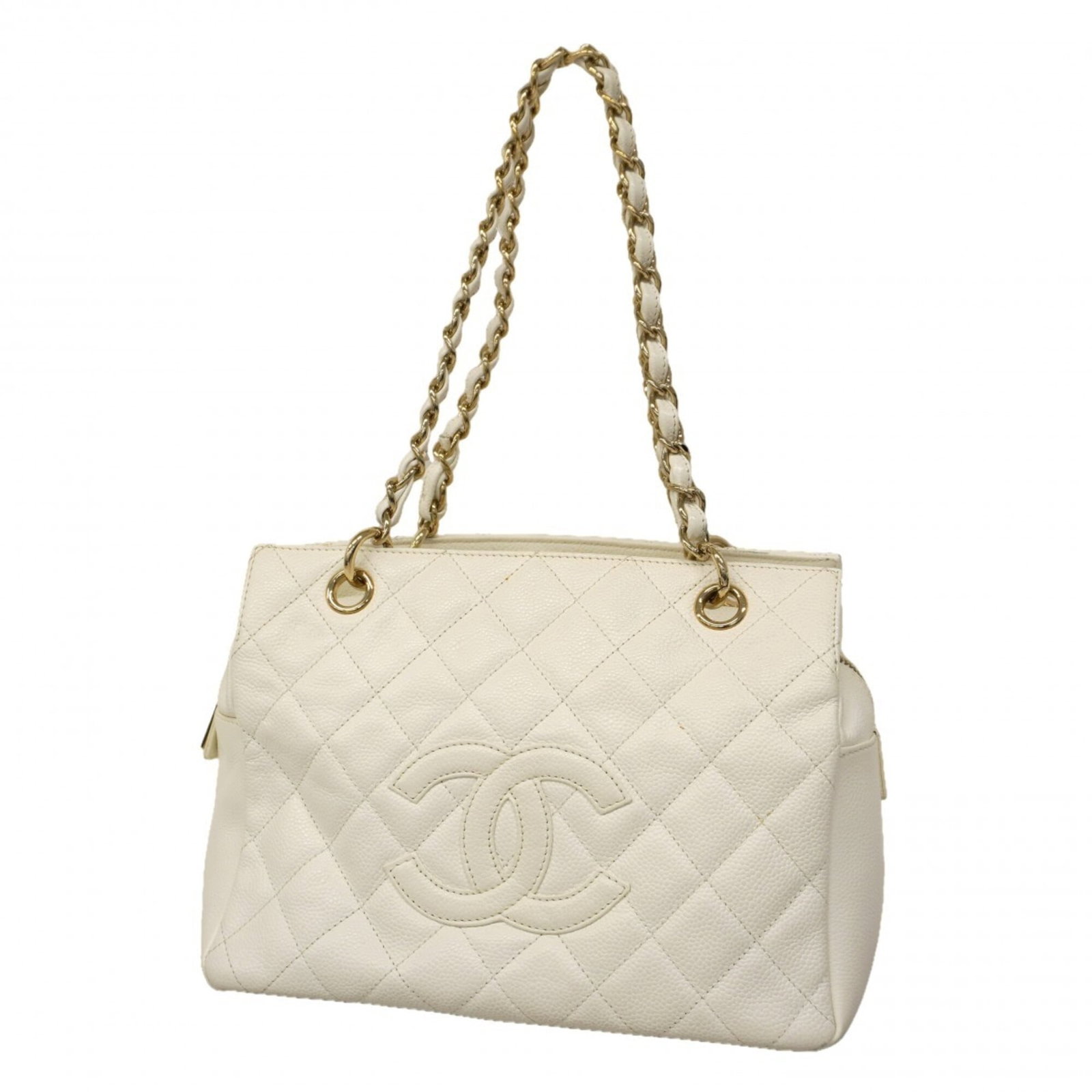 Calfskin Chanel Shoulder Bag: Calfskin Chanel Shoulder Bag A pristine Chanel shoulder bag in crisp white grained calfskin, adorned with elegant champagne gold hardware, adds a touch of timeless sophistication to any outfit. With