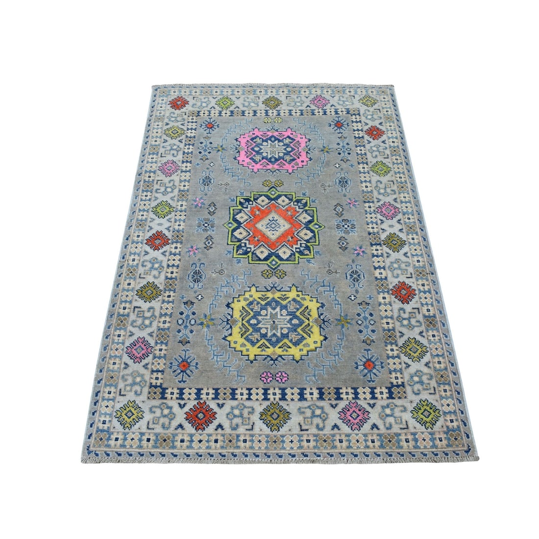 3'3"x5' Colorful Gray Fusion Kazak Pure Wool Hand Knotted Oriental Rug: 3'3"x5' Colorful Gray Fusion Kazak Pure Wool Hand Knotted Oriental Rug Experience the rich beauty of traditional Afghan craftsmanship with this stunning 3'3"x5' Colorful Gray Fusion Kazak Pure Wool