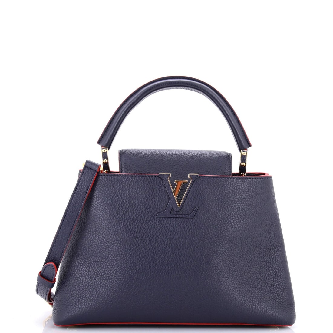 Louis Vuitton Capucines is a Leather PM bag.: Louis Vuitton Capucines is a Leather PM bag. A stunning Louis Vuitton Capucines Leather PM bag, boasting sleek blue leather exterior and gold hardware, adds a touch of luxury to any outfit. With its