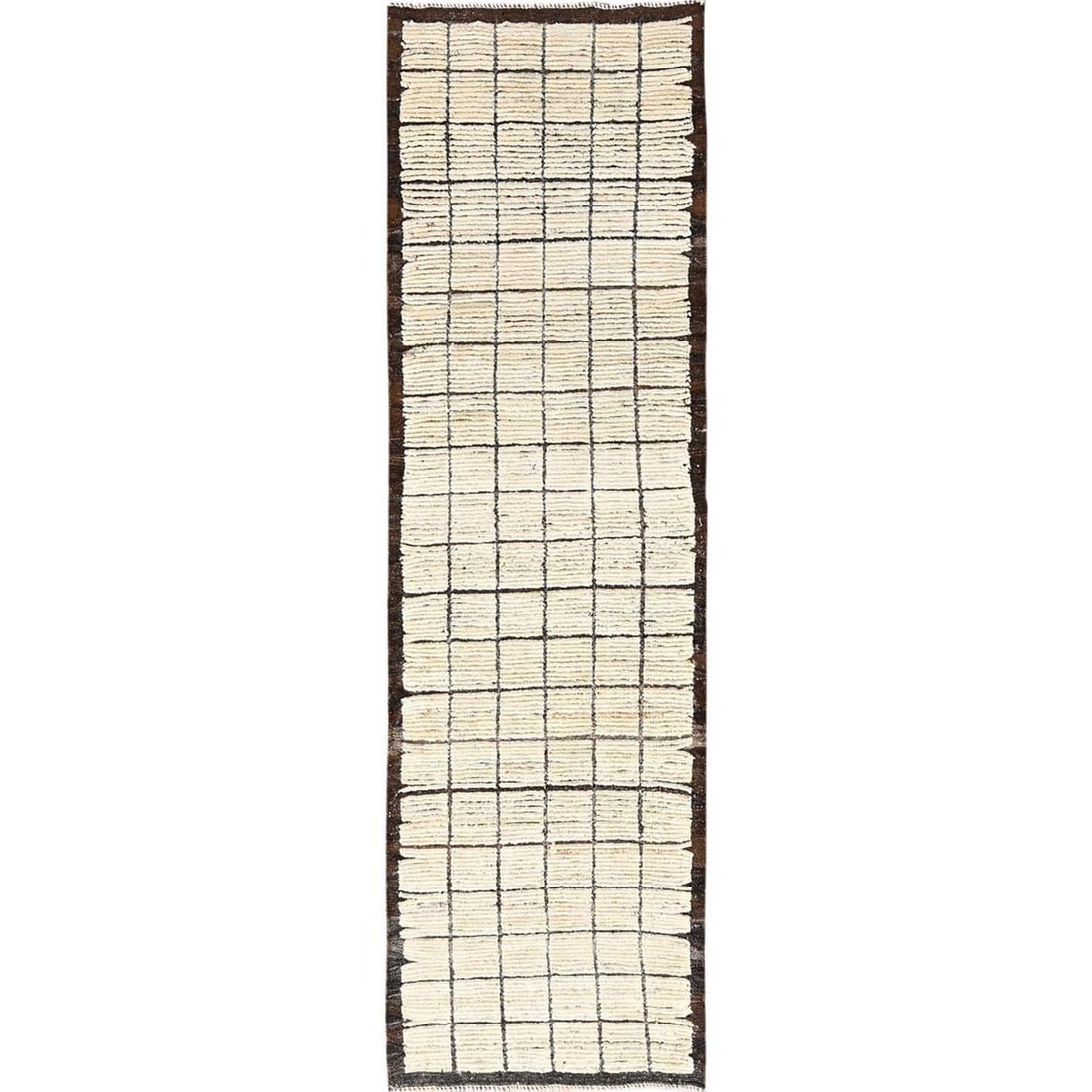2'7"x7'10" Ivory Hand Knotted Rug Moroccan Weave Grid Design Wool Runner: 2'7"x7'10" Ivory Hand Knotted Rug Moroccan Weave Grid Design Wool Runner Experience the timeless beauty of traditional Moroccan craftsmanship with this stunning hand-knotted wool rug, expertly woven