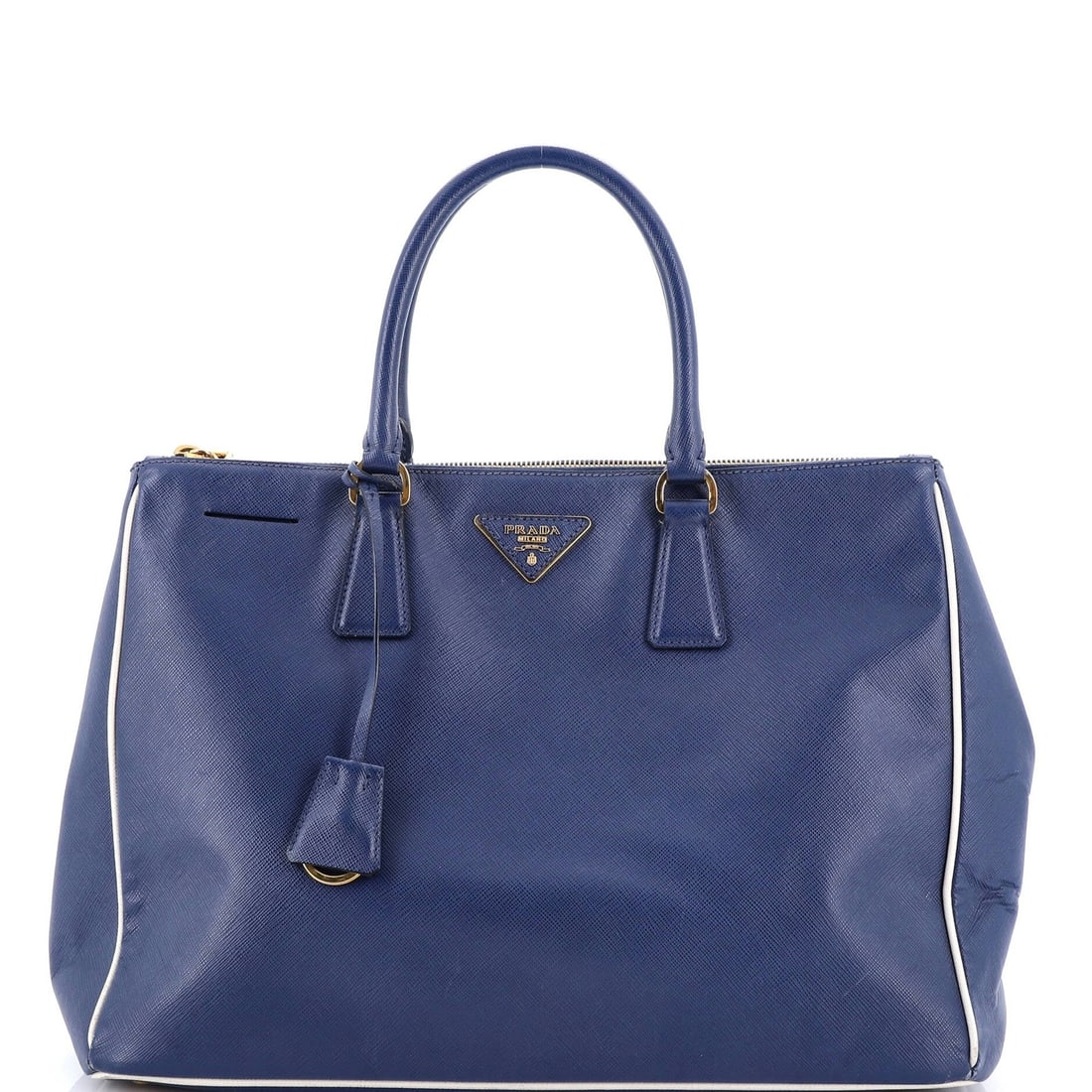 Lux Saffiano Large Double Prada Tote Leather: Lux Saffiano Large Double Prada Tote Leather A stunning Prada Double Zip Lux Tote in rich blue Saffiano leather, boasting a spacious interior and gold hardware accents. With its classic design and