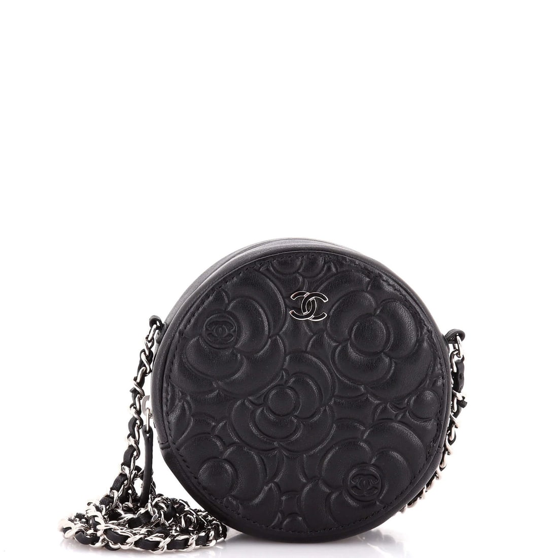 Chanel Round Mini Camellia Goatskin Clutch with Chain: Chanel Round Mini Camellia Goatskin Clutch with Chain Elevate your evening look with the iconic Chanel Round Mini Camellia Goatskin Clutch, boasting sleek black leather exterior and delicate chain