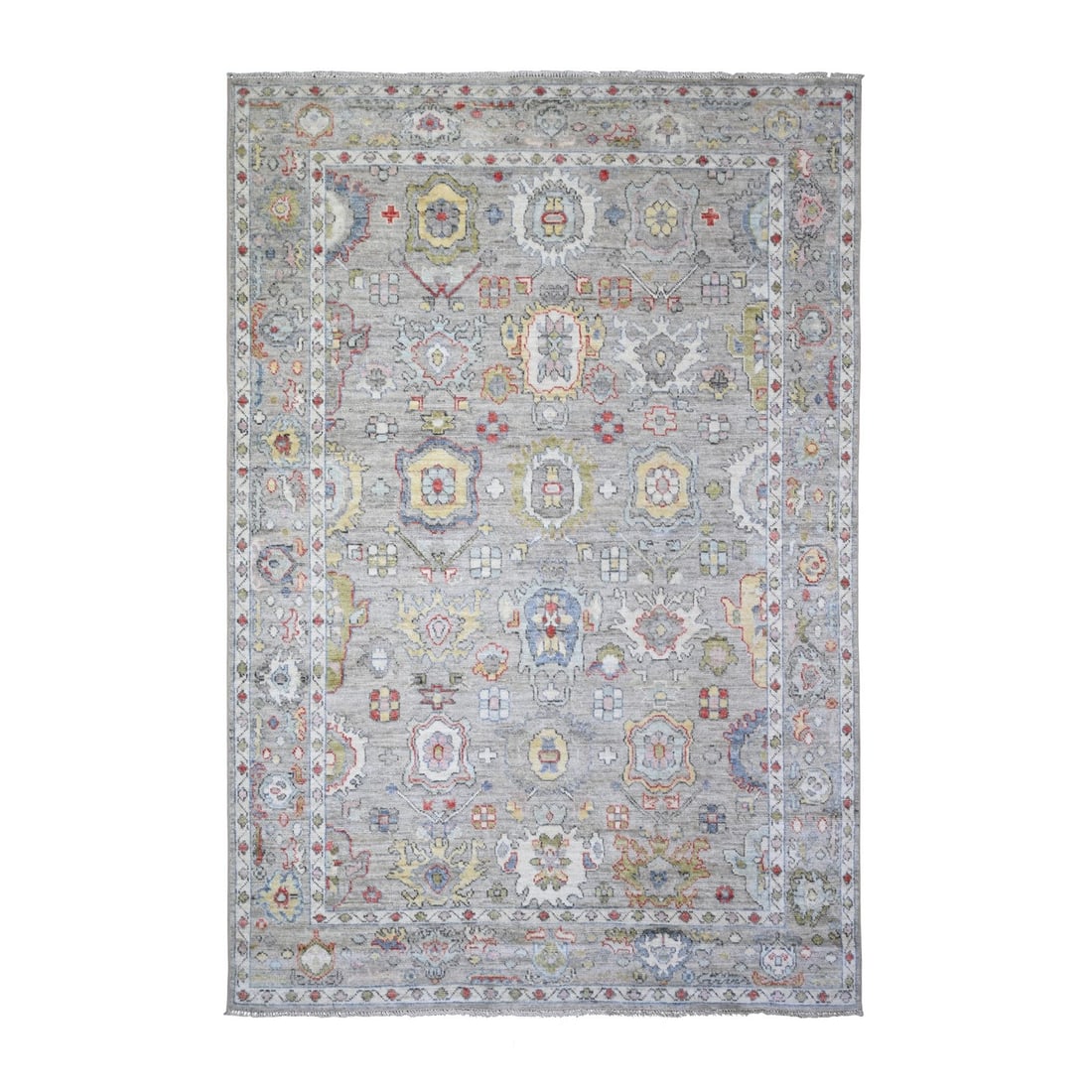 6'1"x9' Cloud Gray Afghan Angora Oushak Soft Wool Hand Knotted Rug: 6'1"x9' Cloud Gray Afghan Angora Oushak Soft Wool Hand Knotted Rug Experience the warmth and luxury of our stunning 6'1"x9' Cloud Gray Afghan Angora Oushak Soft Wool Hand Knotted Rug, crafted from
