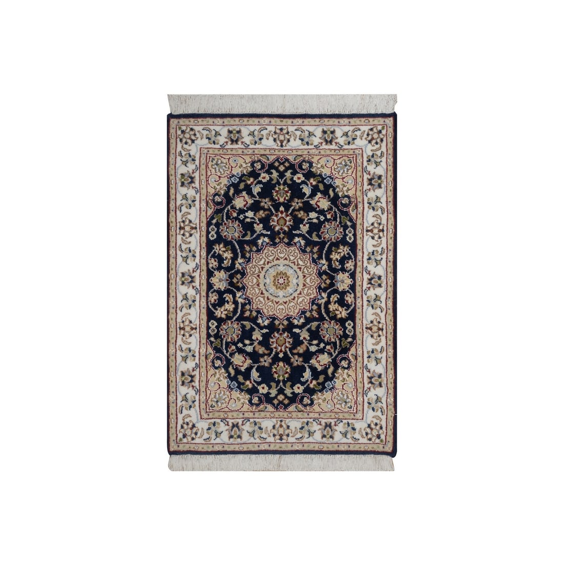 2'1"x3'2" Navy Wool and Silk Nain Medallion Design Hand Knotted Mat Rug: 2'1"x3'2" Navy Wool and Silk Nain Medallion Design Hand Knotted Mat Rug Experience the rich heritage of India with this stunning 2000-year-old hand-knotted Nain medallion design mat rug, expertly