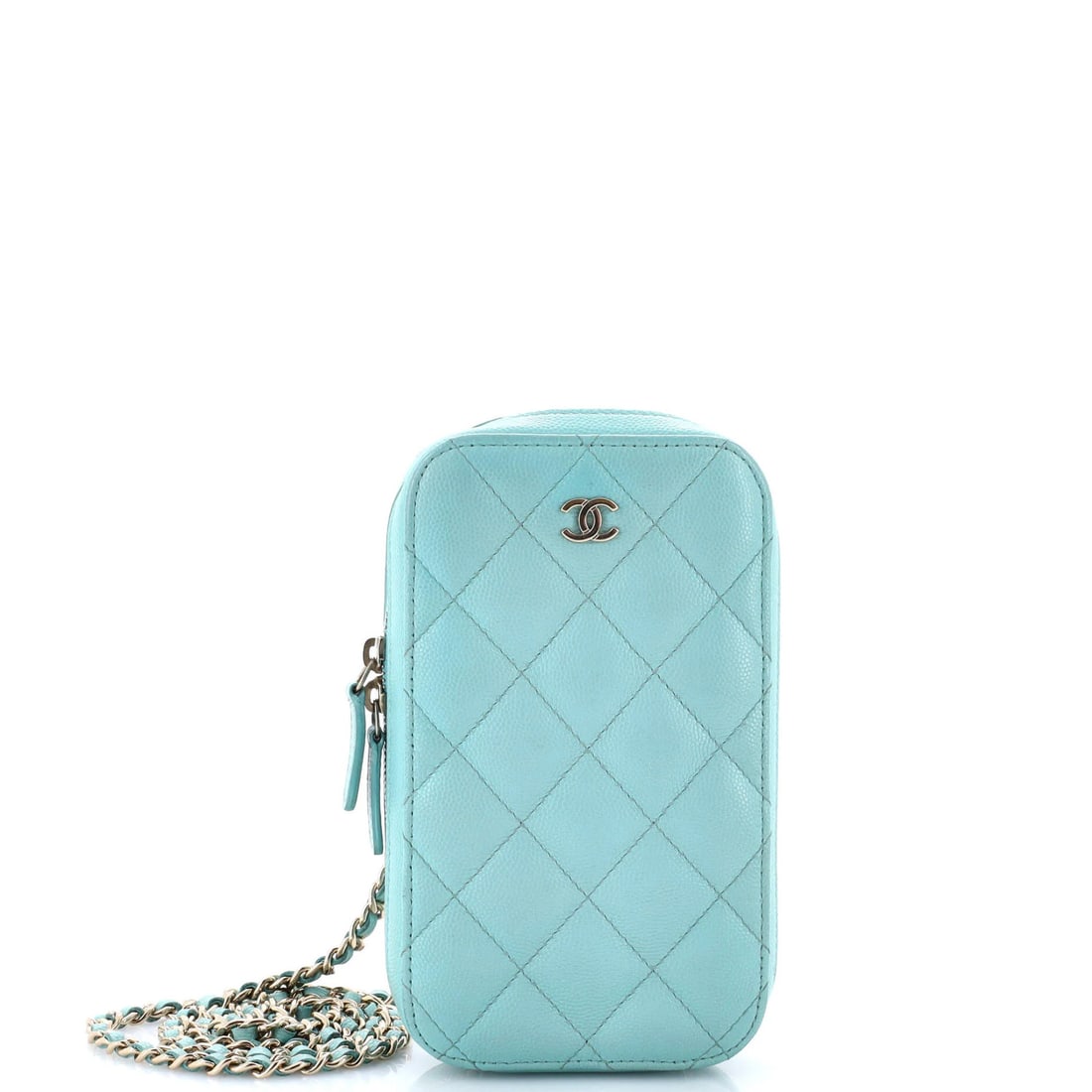 Chanel chain quilted case for phone around caviar: Chanel chain quilted case for phone around caviar For sale is a stunning Chanel chain quilted case for your phone, adorned with the iconic caviar pattern in rich blue leather. The zip-around design