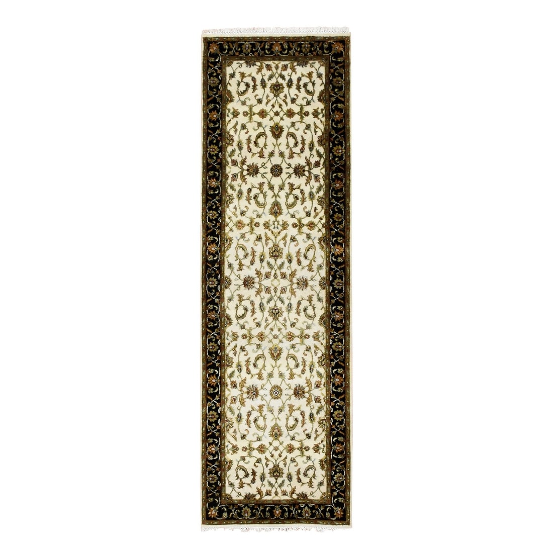 2'6"x8'2" Ivory Hand Knotted Rajasthan Design Wool and Silk Runner Rug: 2'6"x8'2" Ivory Hand Knotted Rajasthan Design Wool and Silk Runner Rug Experience the rich beauty of traditional Indian craftsmanship with this stunning 98" x 30" ivory hand-knotted wool and silk runn