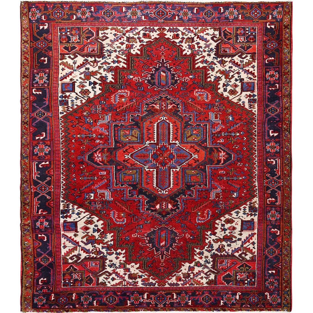 8'6"x10'4" Red Semi Antique Zoroastrian Heris Hand Knotted Pure Wool Rug: 8'6"x10'4" Red Semi Antique Zoroastrian Heris Hand Knotted Pure Wool Rug Experience the rich history and cultural heritage of Turkey with this stunning 8'6"x10'4" Red Semi Antique Zoroastrian Heris Ha