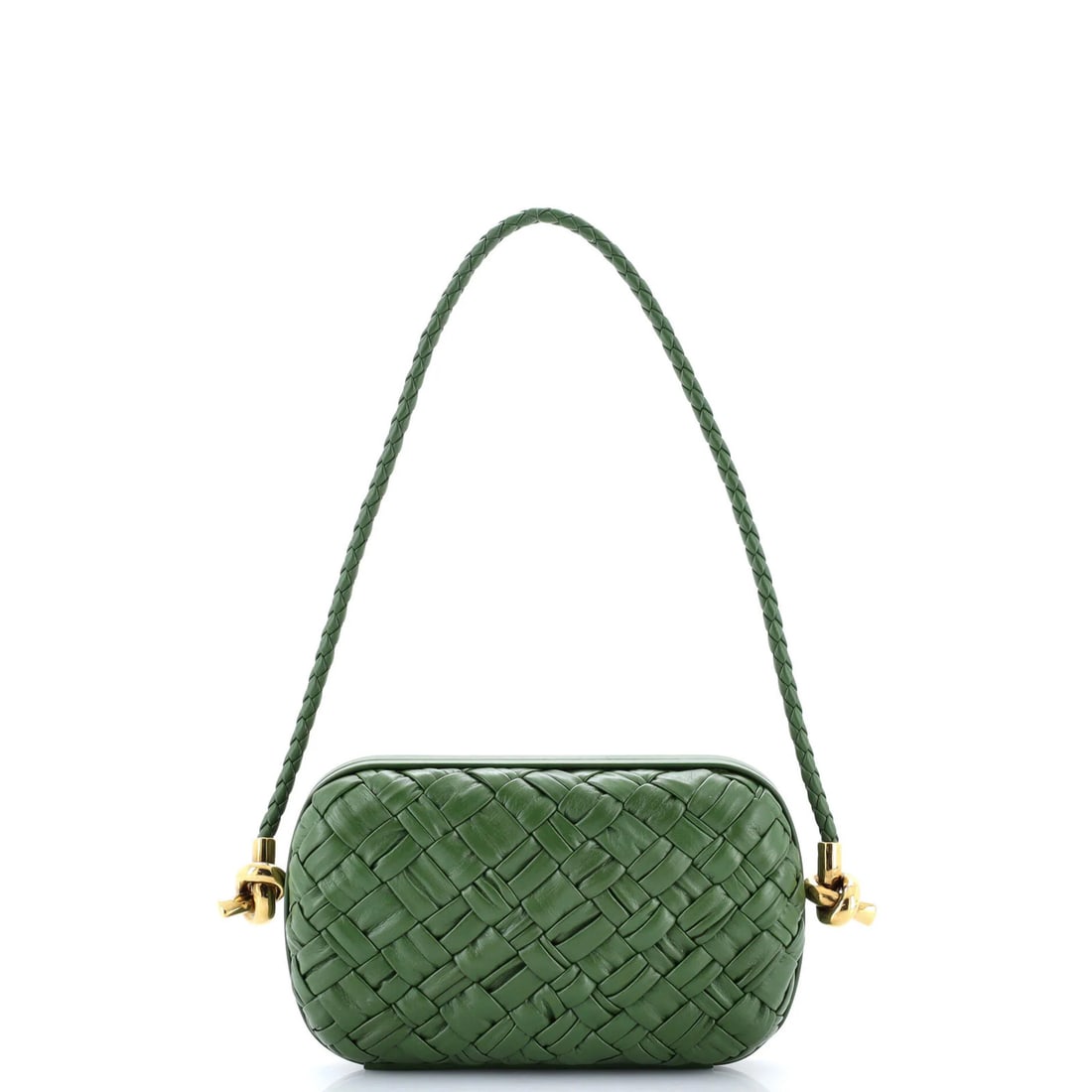 Intrecciato Leather Knot Minaudiere on Strap from Bottega Veneta: Intrecciato Leather Knot Minaudiere on Strap from Bottega Veneta A stunning Bottega Veneta Knot Minaudiere on Strap in rich green Intrecciato leather, this iconic clutches boasts the signature woven