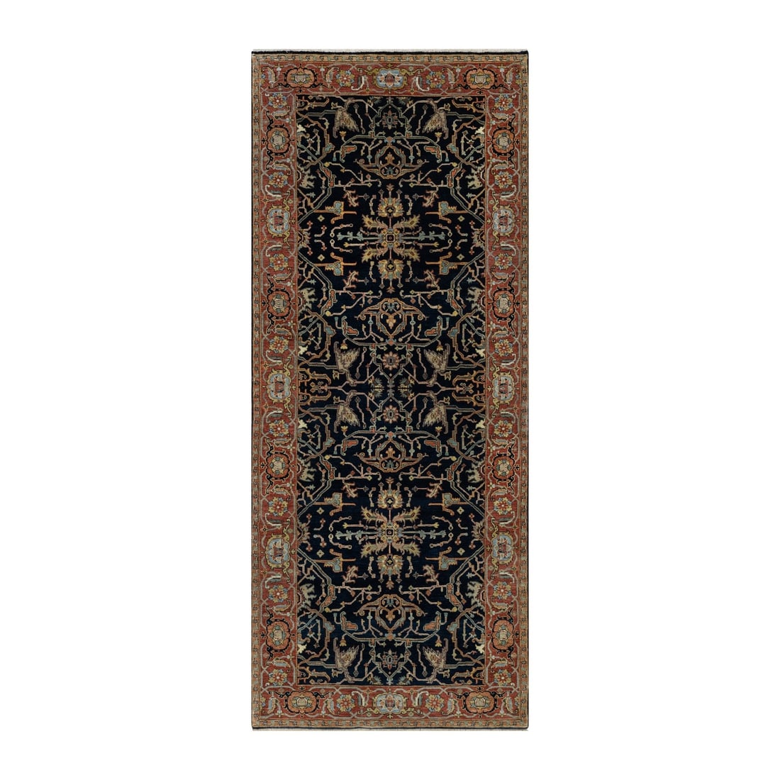 4'2"x10'2" Blue Antiqued Fine Heris Hand Knotted Natural Wool Runner Rug: 4'2"x10'2" Blue Antiqued Fine Heris Hand Knotted Natural Wool Runner Rug Experience the rich beauty of traditional Indian craftsmanship with this stunning 2000-year-old Heris hand-knotted wool runner