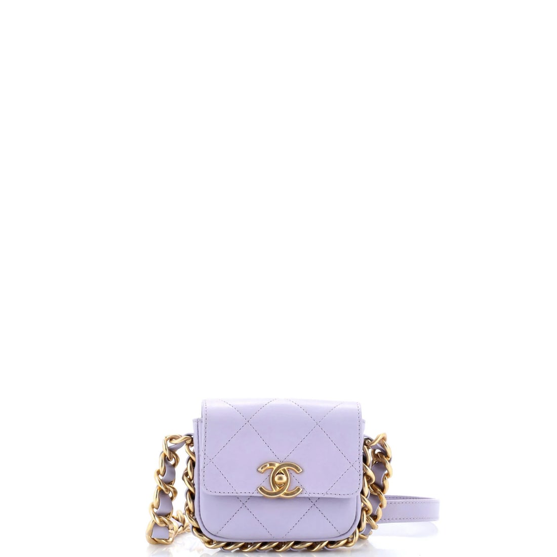 Chanel Mini Quilted Calfskin Flap Chain Bag: Chanel Mini Quilted Calfskin Flap Chain Bag Experience the timeless elegance of Chanel's mini quilted calfskin flap chain bag, boasting a rich purple exterior and gold hardware that adds a touch of