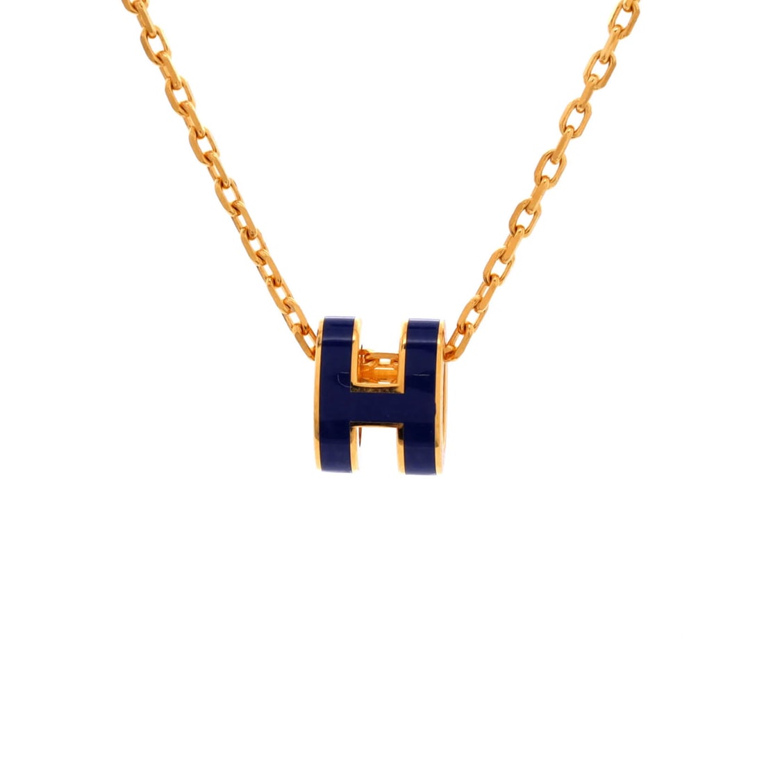 Hermes Pop H Pendant Chain Necklace Metal and Enamel Mini: Hermes Pop H Pendant Chain Necklace Metal and Enamel Mini A stunning miniature version of the iconic Hermes Pop H pendant chain necklace, this exquisite piece boasts a vibrant blue enamel exterior