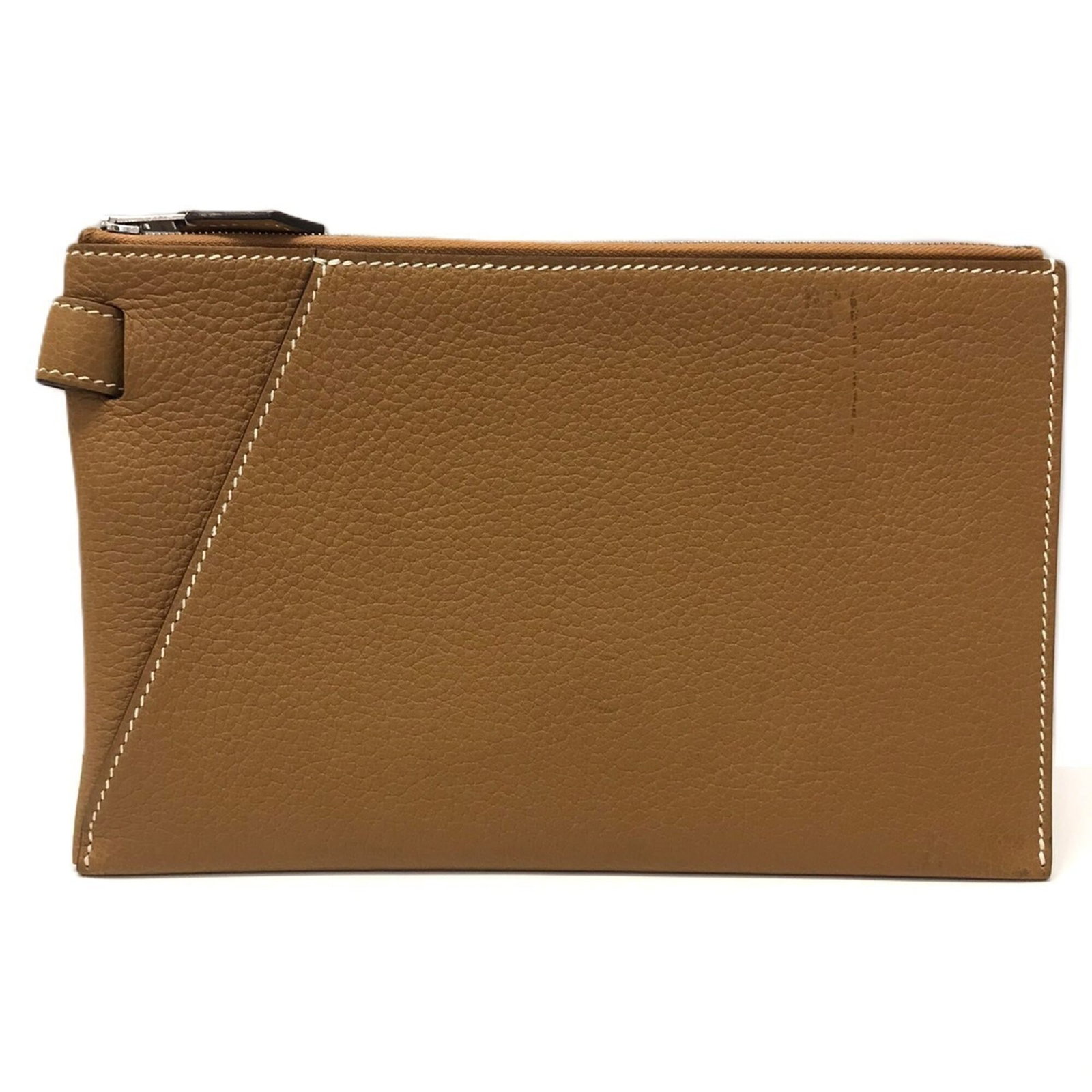 Hermes leather clutch bag: Hermes leather clutch bag A timeless piece from the iconic French fashion house, this pre-owned Hermes leather clutch bag boasts classic Togo leather and a sleek zipper closure, perfect for adding an