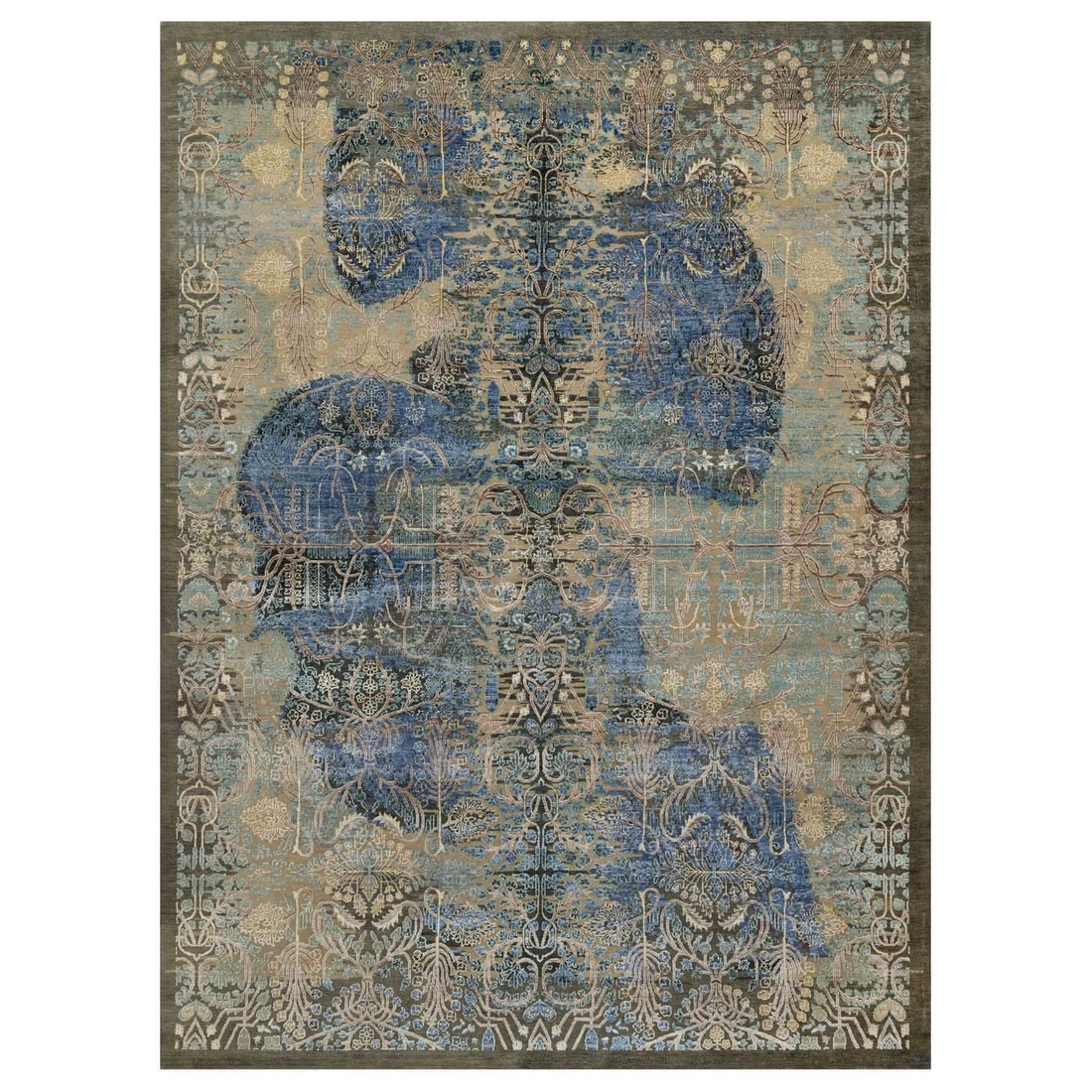 8'10"x12'1" Brown Wool and Silk Erased Sarouk Design Hand Knotted Rug: 8'10"x12'1" Brown Wool and Silk Erased Sarouk Design Hand Knotted Rug Experience the rich beauty of Indian craftsmanship with this stunning 8'10"x12'1" hand-knotted Sarouk design rug, expertly woven