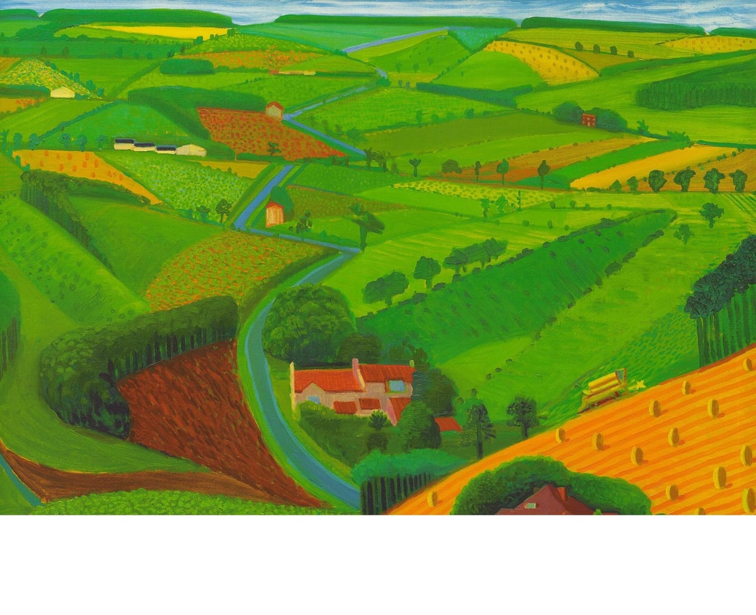 DAVID HOCKNEY The Road Across the Wolds 19.75" x 24.25" Offset Lithograph 1997 P: DAVID HOCKNEY The Road Across the Wolds 19.75" x 24.25" Offset Lithograph 1997 P A stunning offset lithograph by renowned artist David Hockney, 'The Road Across the Wolds' (1997) is a captivating