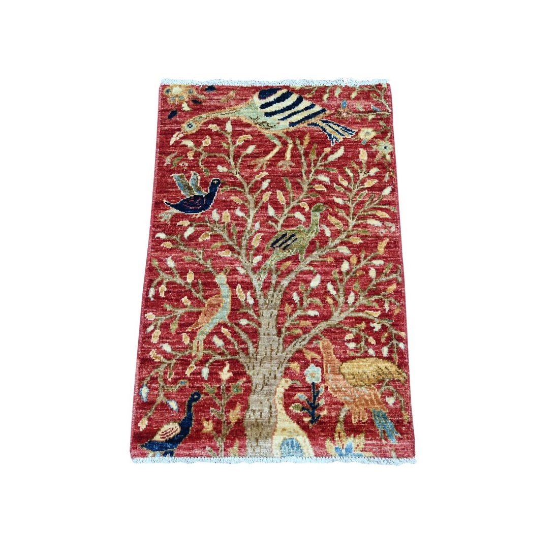 Soft wool mat birds of paradise peshawar design red hand knotted rug.: Soft wool mat birds of paradise peshawar design red hand knotted rug. Experience the rich beauty of Afghan craftsmanship with this stunning Soft Wool Mat Birds of Paradise Peshawar design red hand