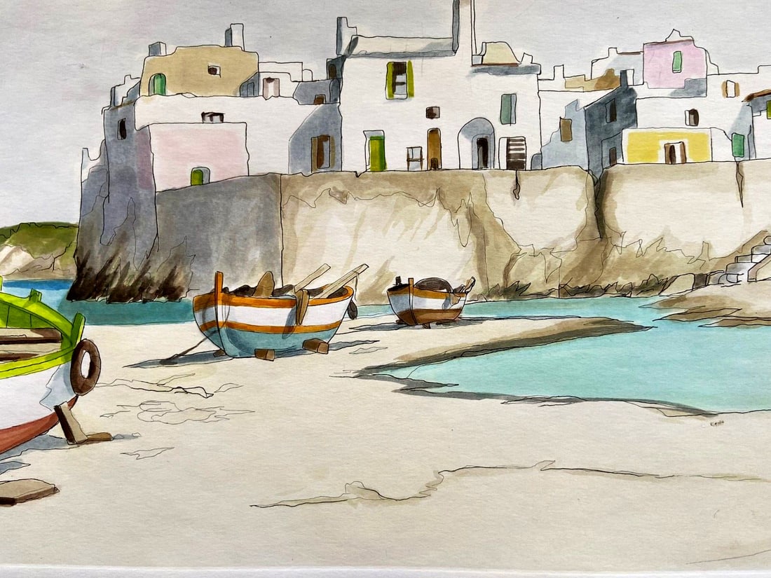Aldo Riso 'Boats on the shore' stunning -painted 35x100 authenticated: Aldo Riso 'Boats on the shore' stunning -painted 35x100 authenticated Aldo Riso's stunning 'Boats on the shore' painting is a masterful blend of technique and artistry, showcasing the Italian