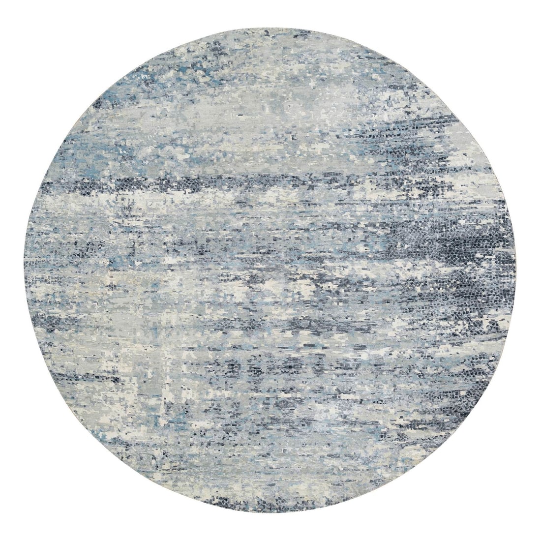 11'6"x11'6" Blue Modern Design Wool and Silk Hand Knotted Oversized Rug: 11'6"x11'6" Blue Modern Design Wool and Silk Hand Knotted Oversized Rug Experience the beauty of hand-knotted craftsmanship with this stunning 11'6"x11'6" blue modern design wool and silk rug,