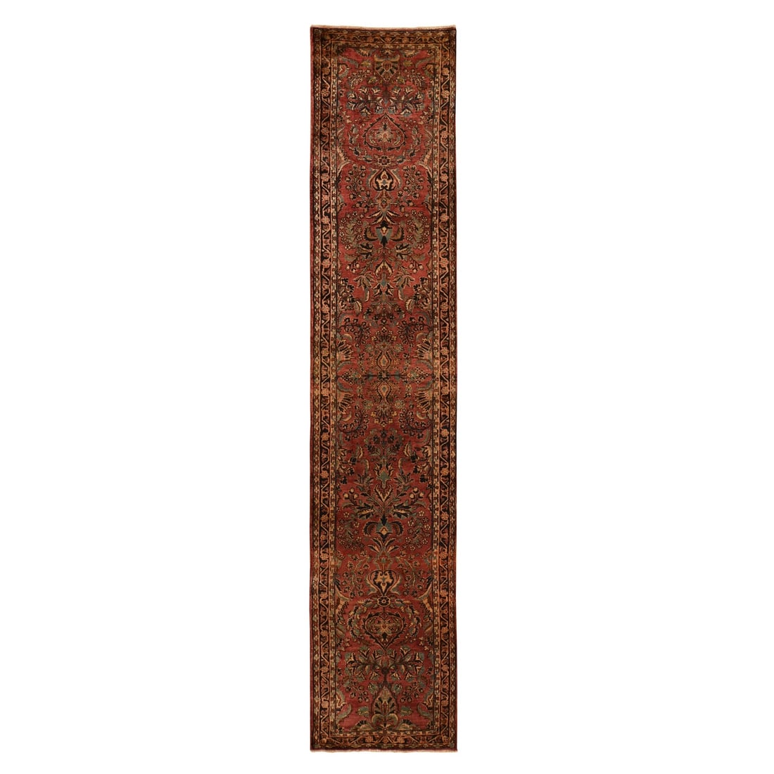 2'7"x13'4" Purple Antique Zoroastrian Saroogh Wool Handknotted Runner Rug: 2'7"x13'4" Purple Antique Zoroastrian Saroogh Wool Handknotted Runner Rug Experience the rich heritage of Zoroastrian craftsmanship with this stunning 13'4" x 2'7" purple saroogh wool handknotted