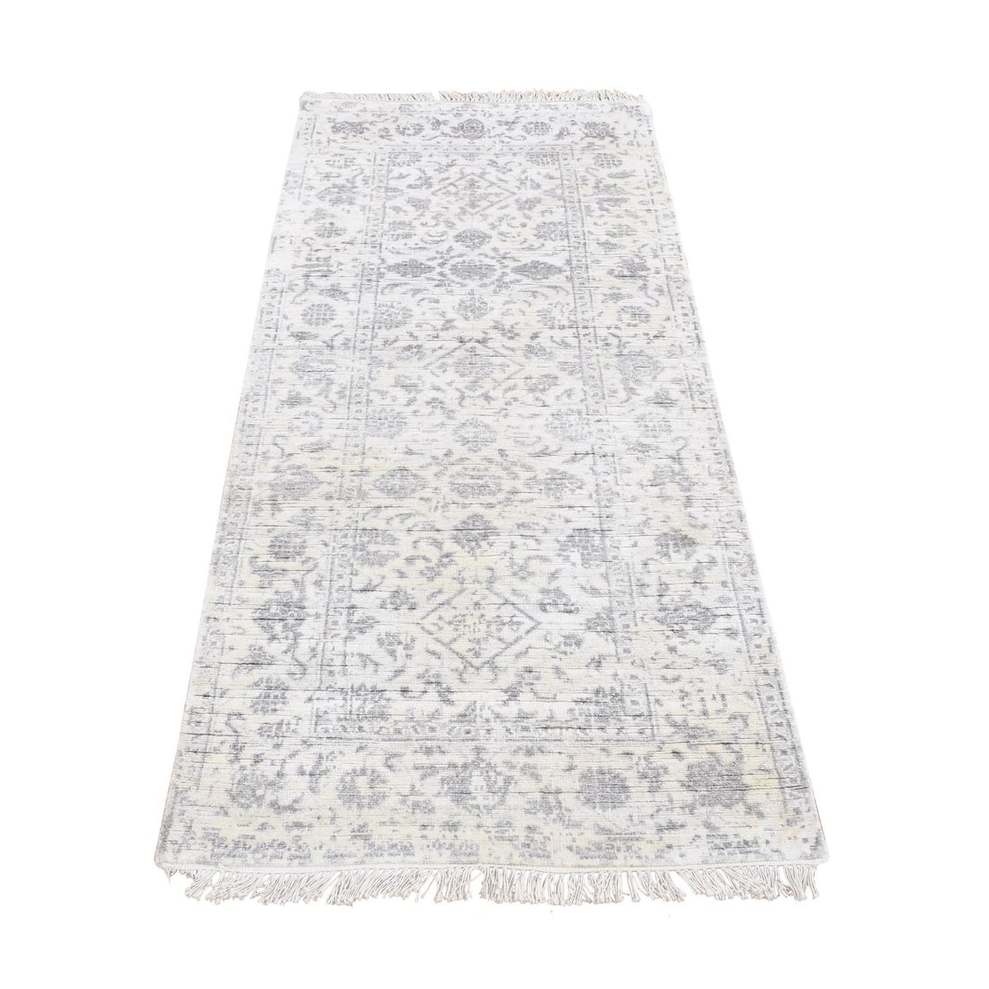 2'6"x6' Ivory, Erased Tone on Tone Wool and Silk Hand Knotted Runner Rug: 2'6"x6' Ivory, Erased Tone on Tone Wool and Silk Hand Knotted Runner Rug Experience the timeless beauty of Indian craftsmanship with this stunning 2000-year-old hand-knotted wool and silk runner rug,