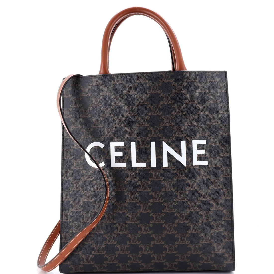Small Triomphe Coated Canvas Celine Tote Vertical: Small Triomphe Coated Canvas Celine Tote Vertical Experience the timeless elegance of Celine's Small Triomphe Coated Canvas Tote Vertical, boasting a rich brown exterior and sturdy canvas interior.