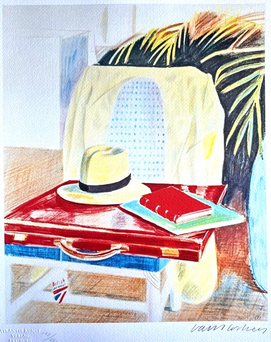 David Hockney Lithograph from a painting Bombay numbered: David Hockney Lithograph from a painting Bombay numbered Experience the vibrant pop art style of David Hockney in this striking lithograph, "Died nature at the Taj Hotel Bombay", numbered and signed b