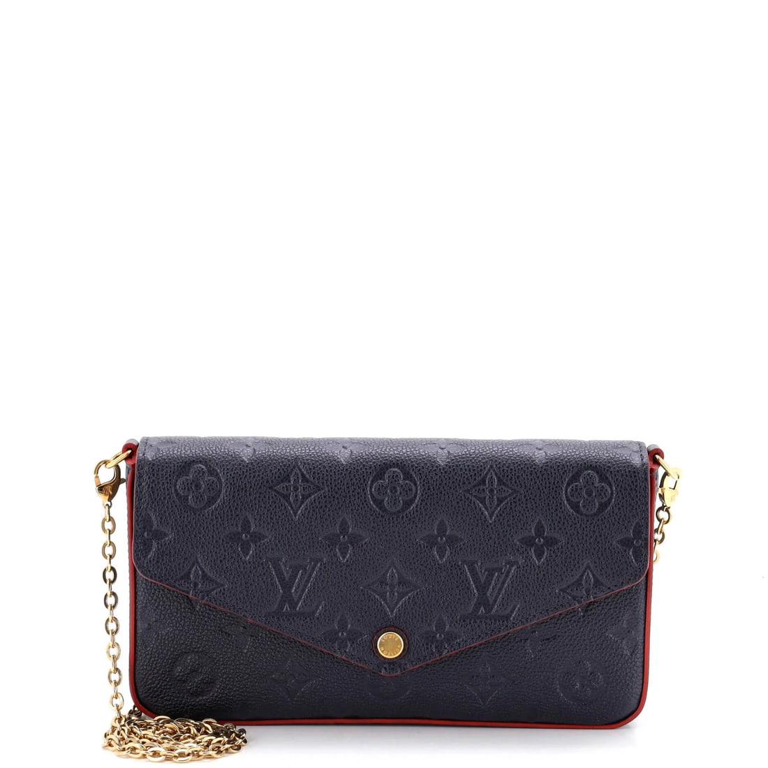 Louis Vuitton leather pochette with monogram empreinte.: Louis Vuitton leather pochette with monogram empreinte. A stunning Louis Vuitton Felicie Pochette in rich blue leather, adorned with the iconic monogram empreinte, adds a touch of timeless elegance