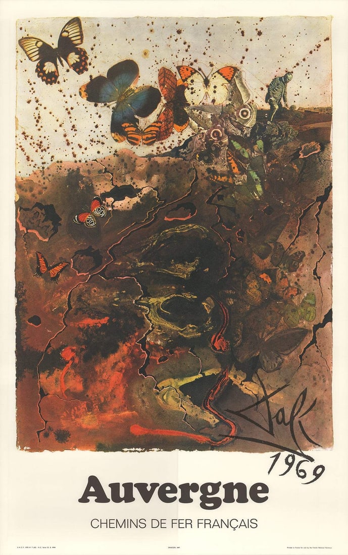 SALVADOR DALI Auvergne 39" x 24.75" Poster 1970 Surrealism Brown Salvador Dal: SALVADOR DALI Auvergne 39" x 24.75" Poster 1970 Surrealism Brown Salvador Dal Experience the dreamlike world of Salvador Dali with his iconic 1970 poster, Auvergne. Printed in offset lithograph, this